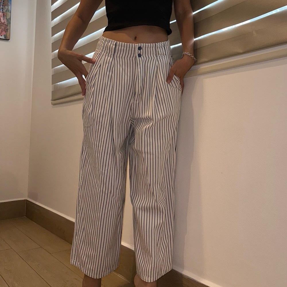 Urban Outfitters white and blue stripped paper bag pants